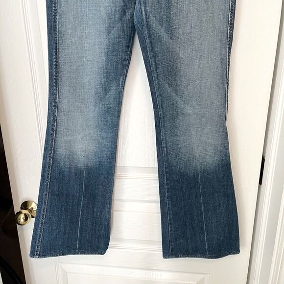 7 for All Mankind "A" Pocket Studded Distressed Faded Low-Rise Boot Cut Jeans - Picture 7 of 12